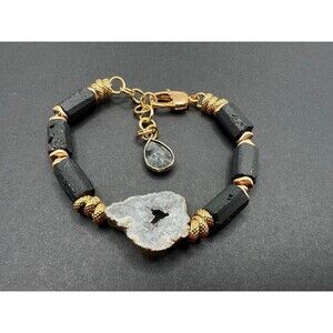 Black Tourmaline Bracelet, Druzy Agate, Gold Plated Chain, Handmade Jewelry